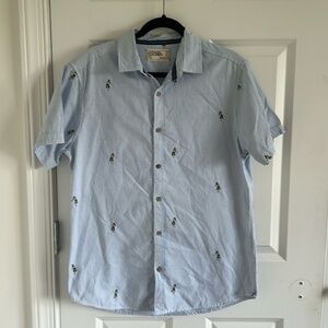 Free Planet Size M Men's Hula Girl Blue & White Short Sleeve Button Down Shirt